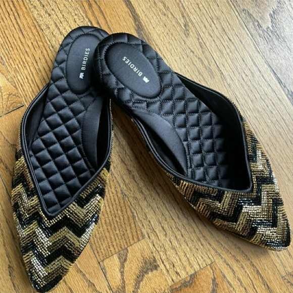 Birdies The Swan Beaded Art Deco Chevron Mule Flat in Black & Gold NEW Size 10.5 - Picture 6 of 9